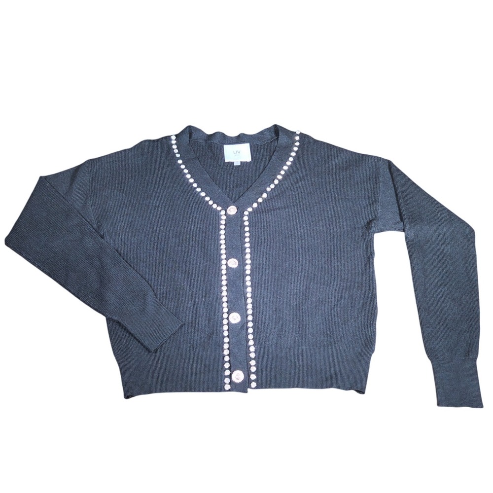 LIV Milano Embellished Diamond Cardigan Sweater Black Button-Down Ribbed Knit - Picture 4 of 9